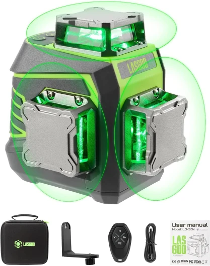 LasGoo Niveau Laser 3x360° Auto-nivelant, Laser à Lignes Croisées Vertes pour la Construction et l'Accrochage de Photos, Batterie Rechargeable, Télécommande, Support Rotatif Magnétique Inclus - LG-3Dx