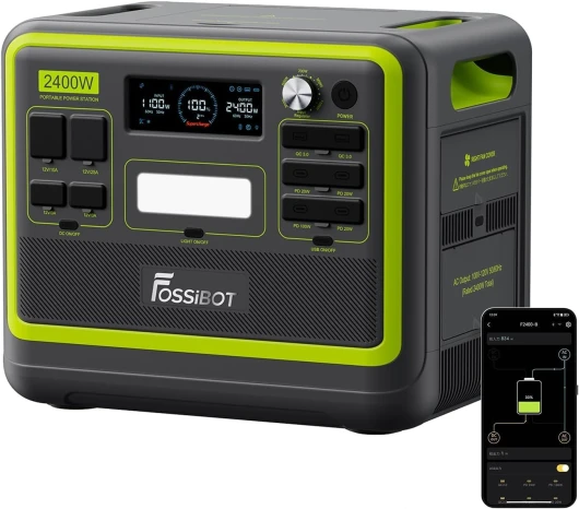 FOSSiBOT Generateur Electrique Solaire Portable 2400W F2400, 2048Wh LiFePO4 Batterie de Secours avec 3 Sorties CA 2400W (4800W Pic), Groupe Électrogène Solaire pour Camping-car F2400 Green