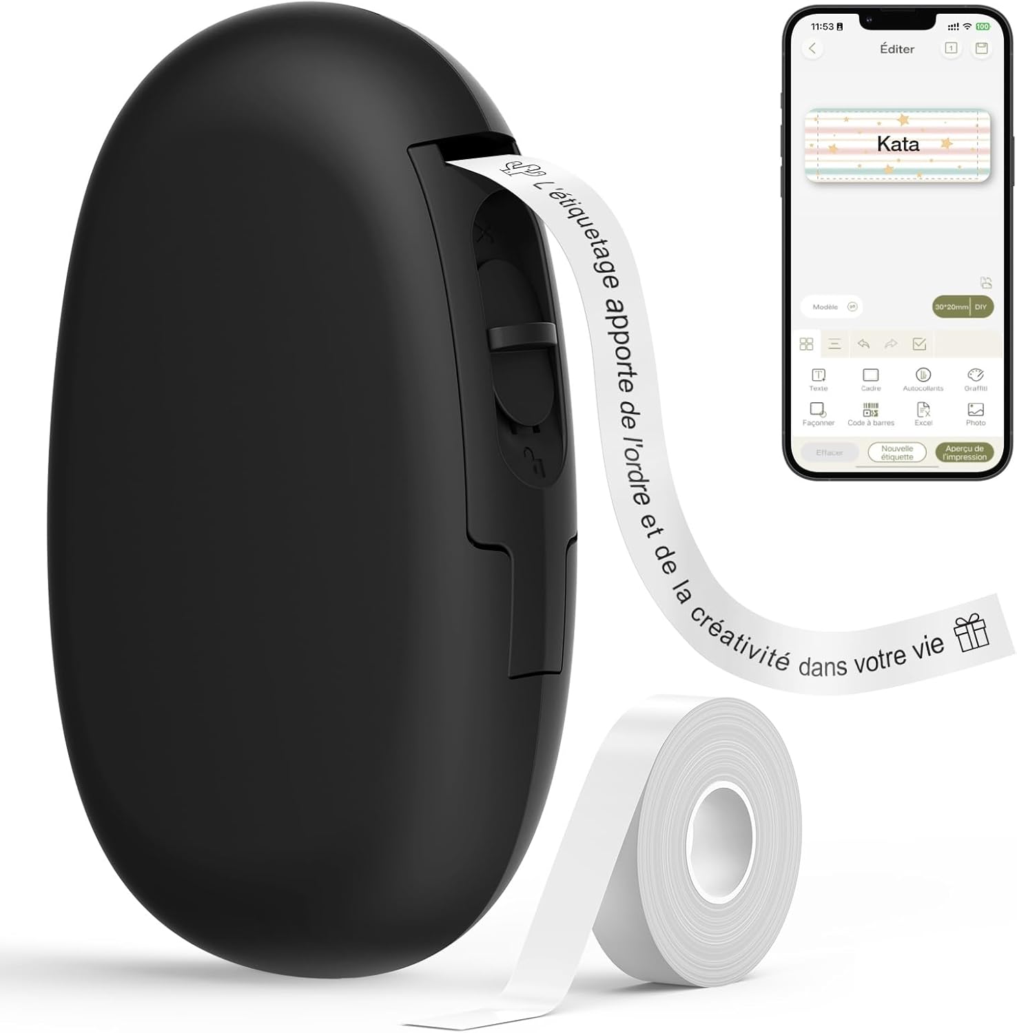 SUPVAN E10 Etiqueteuse inclut Étiquettes Autocollantes Imperméables, Smart App avec 40+ Polices, 150+ Modèles et 700+ Icônes, Idéale pour la Maison, la Cuisine, l'école, l'organisation et Le Bureau E10 + 1 rouleau Noir
