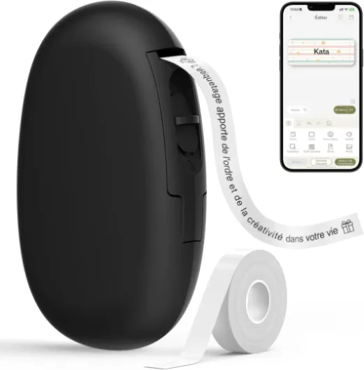 SUPVAN E10 Etiqueteuse inclut Étiquettes Autocollantes Imperméables, Smart App avec 40+ Polices, 150+ Modèles et 700+ Icônes, Idéale pour la Maison, la Cuisine, l'école, l'organisation et Le Bureau E10 + 1 rouleau Noir