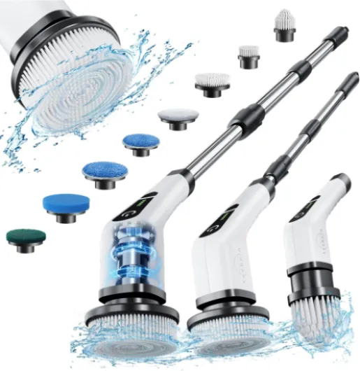 Brosse Electrique Nettoyage Rotative, Brosse de Nettoyage sans Fil avec 8 Têtes de Brosse Remplaçables, Electric Spin Scrubber avec Poignée Réglable de 137cm pour Salle de Bain Cuisine Voiture Blanc
