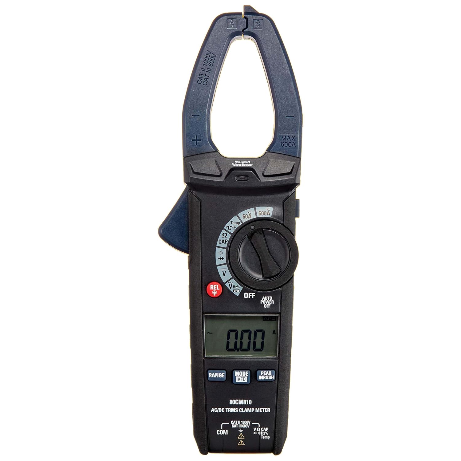 Pince multimètre 600 A AC/DC, True RMS (valeur efficace vraie), NCV (tension sans contact), lampe torche, 6 000 points, Noir