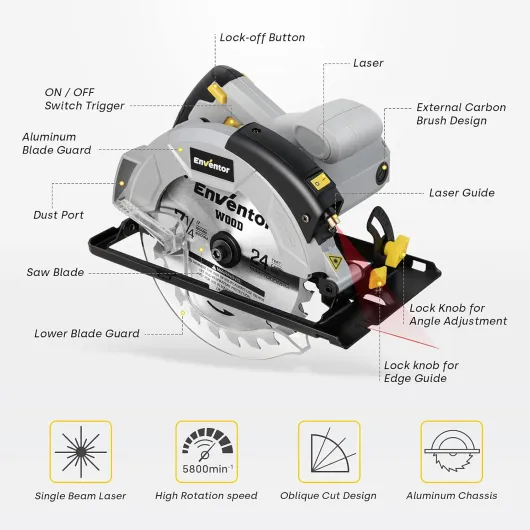 Scie Circulaire 1200W ENVENTOR avec guidage laser, Scie Circulaire pour le bois, 5800RPM, Profondeur de Coupe Max: 62 mm (90°) et 42 mm (45°), moteur en cuivre pur, Lama 185 m (24T&40T)