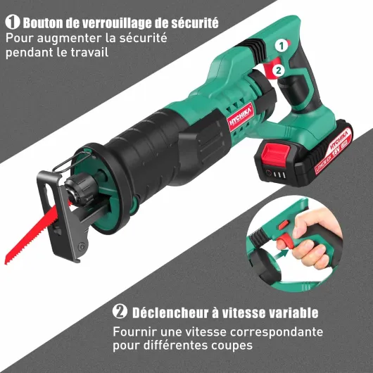 HYCHIKA Scie Sabre sans fil 18V, Vitesses Réglables 0-2800SPM, 2 Lames, Chargeur Rapide, Lumière LED, Idéal pour Coupe de Bois, Branches, Métal (Avec 2 batteries 2Ah)