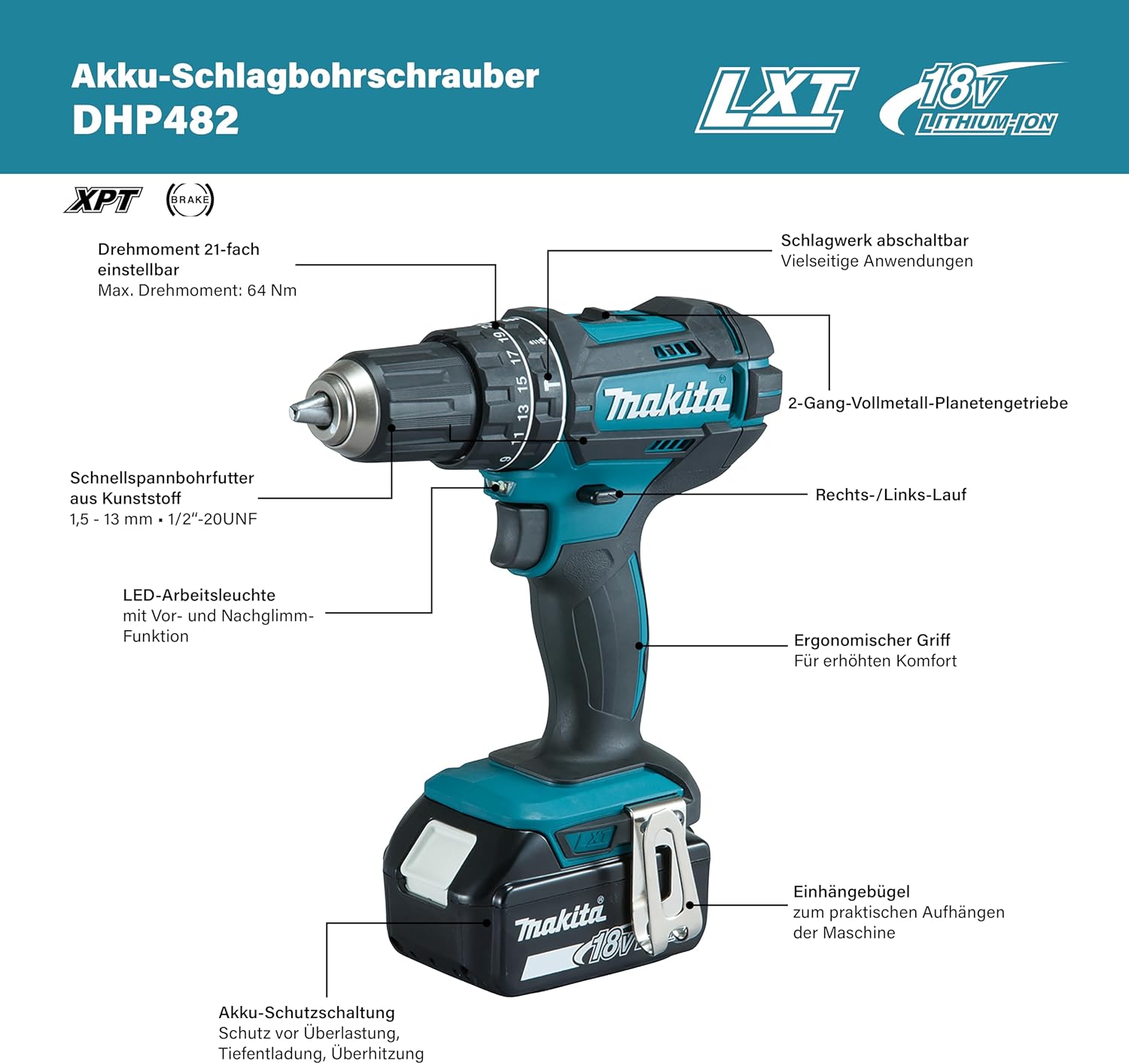 Perceuse à percussion 18V LXT (2x3,0 Ah) avec accessoires - MAKITA DHP482RFX9 Avec 2 batteries + chargeur Unique