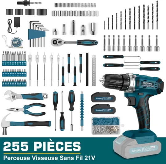 Caisse a Outil 255PCS - Perceuse Visseuse Sans Fil 21V, Malette Outils de Réparation Domestique/Auto avec Tiroir Visseuse Devisseuse Sans Fil Ménagers Généraux pour Propriétaire Bricoleur