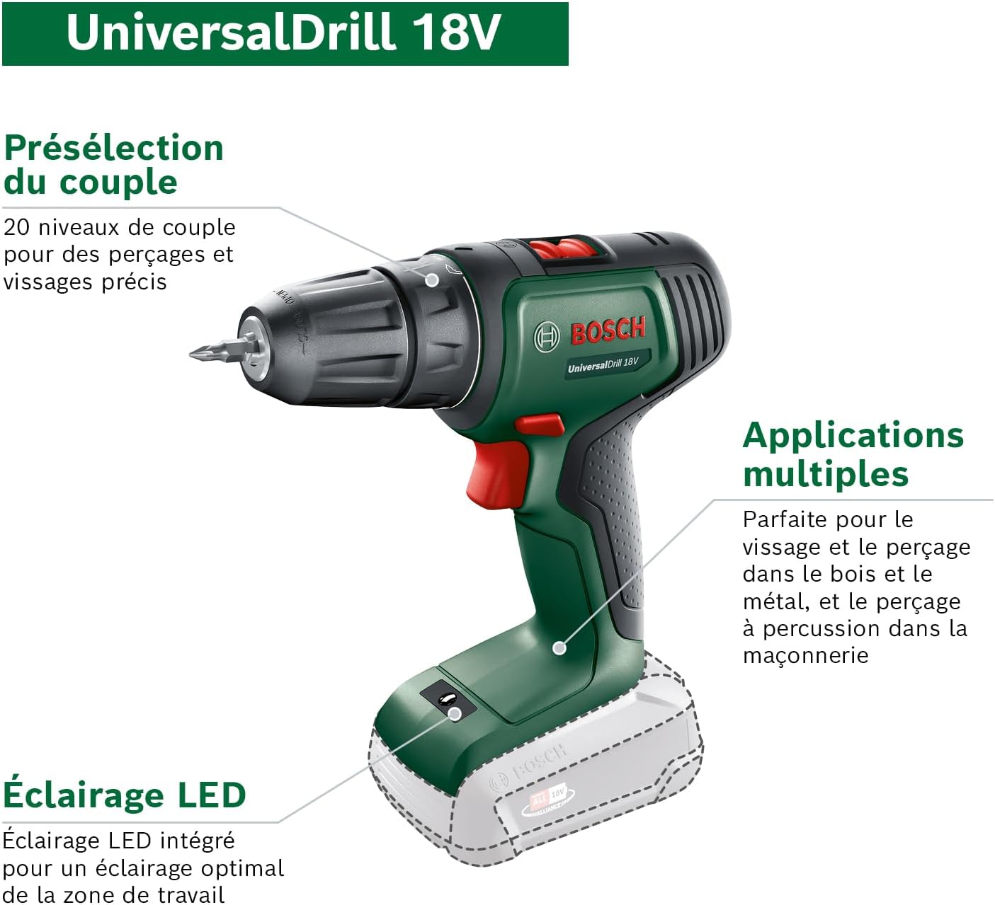 Perceuse-visseuse sans fil UniversalDrill 18V (2 batteries, système 18 V, livré avec deux embouts de vissage et coffret)