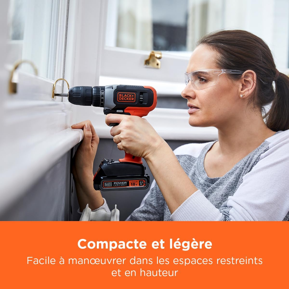 BLACK+DECKER Perceuse-visseuse sans fil 18V, couple maximum de 37Nm, 10 positions d'embrayage, lampe de travail LED, batterie 1.5Ah et chargeur, BCD001C1-QW Single Version sans percussion