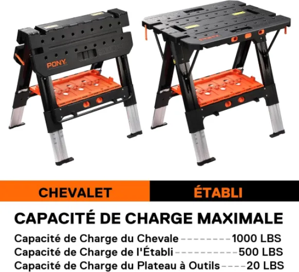 PONY Établi de Serrage 2 en 1, Établi Pliant avec 4 Serre-Joints, Chevalet de Sciage et Table de Travail, Capacité de Charge Jusqu’à 454 kg / 227 kg, Pieds en Aluminium pour Une Stabilité Optimale