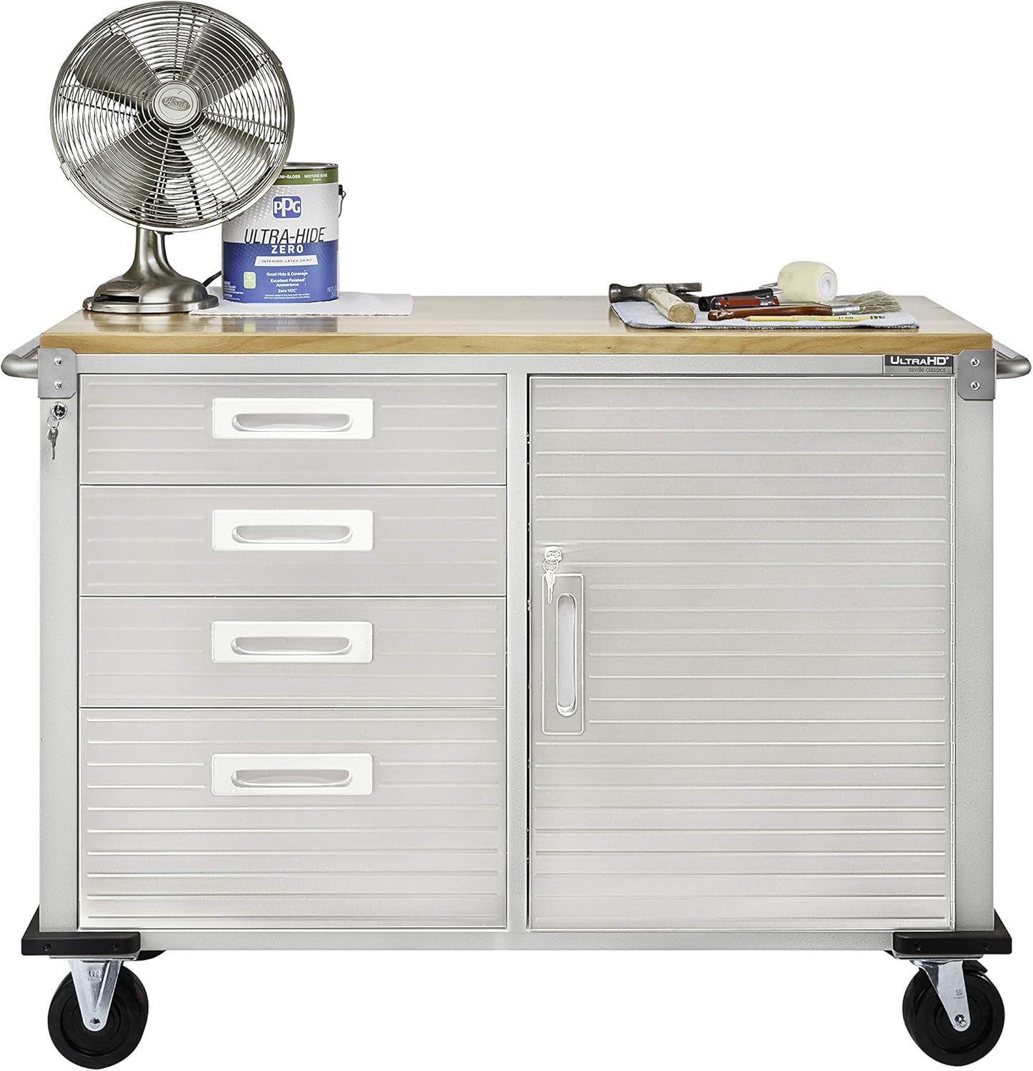 UHD20244 l'établi de 4 tiroirs, robuste en métal à revêtement poudré, en bois de hêtre, 121,9 x 50,8 x 95,2 cm, gris Servante d'atelier 121,9 x 50,8 x 95,2 cm Granit