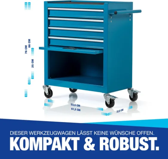 NTG Chariot d'atelier avec Outils 70 pièces - 4 tiroirs + Grand Compartiment - tiroirs sur roulements à Billes - sécurité de Transport - 2 roulettes avec Frein de stationnement - Chariot à Outils