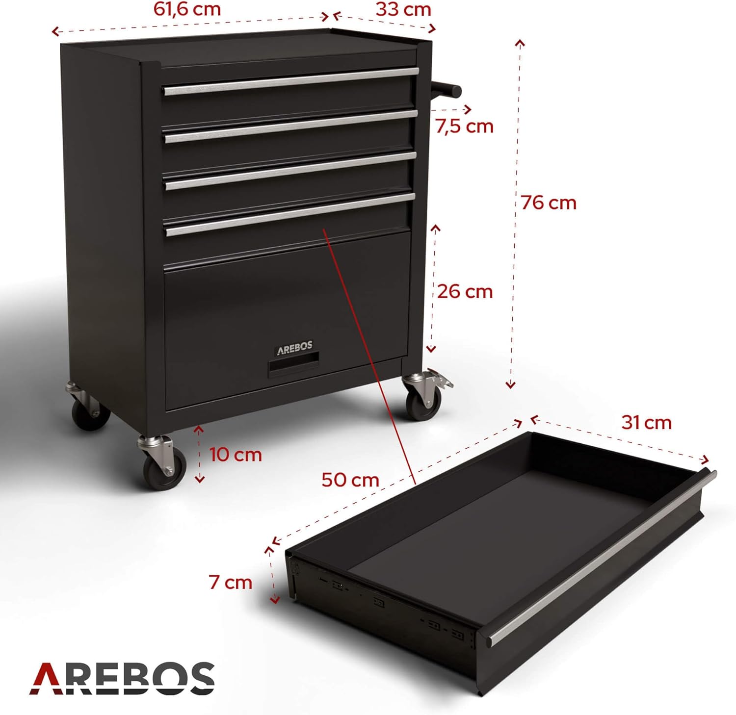 Chariot d'atelier avec 4 Compartiments - 4 tiroirs à roulement à Billes avec 81 pièces d'outils - équipé de Tapis antidérapants - 2 roulettes avec Frein de Blocage - Noir