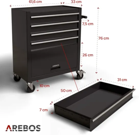 Chariot d'atelier avec 4 Compartiments - 4 tiroirs à roulement à Billes avec 81 pièces d'outils - équipé de Tapis antidérapants - 2 roulettes avec Frein de Blocage - Noir
