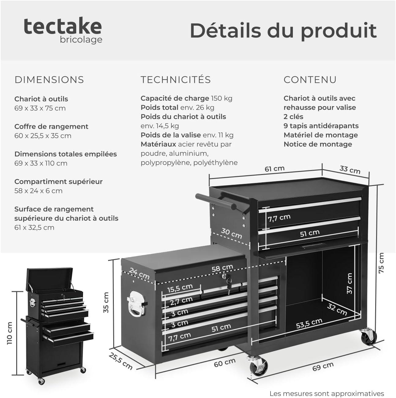 ® Chariot d'atelier Metallique Servante d'atelier Vide Trolley Professionnel 10 Compartiments spacieux Verrouillables Chariot a Roulette pour Rangement Atelier Garage - Noir 10 Tiroirs Noir