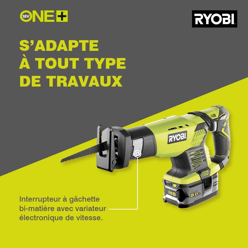 Scie Sabre 18V ONE+ (sans Batterie ni Chargeur) - Course de Lame 22mm - Capacité Coupe 18cm - Patin Ajustable, Poignée Gripzone, Anti-Vibration - Changement de Lame sans Outil - RRS1801M Génération I - Sans batterie - 1 lame bois 152mm