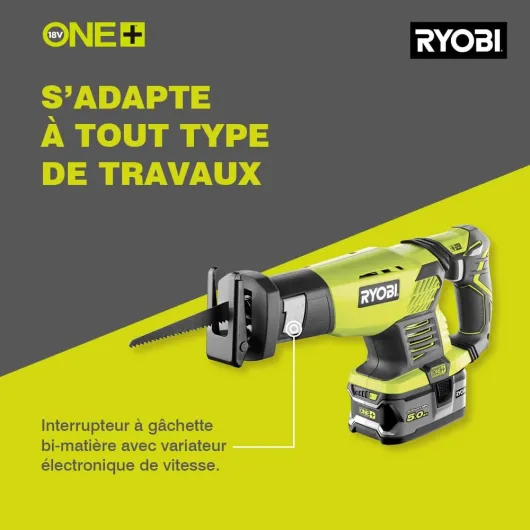 Scie Sabre 18V ONE+ (sans Batterie ni Chargeur) - Course de Lame 22mm - Capacité Coupe 18cm - Patin Ajustable, Poignée Gripzone, Anti-Vibration - Changement de Lame sans Outil - RRS1801M Génération I - Sans batterie - 1 lame bois 152mm