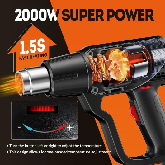 2000W Décapeurs Thermiques 50℃~650℃ Pistolet à Air Chaud Contrôle de Température Sans Paliers + 2 Débit d'air Protection Contre Les Surcharges Adapté au Chauffage, Au Dégivrage et à La Soudure