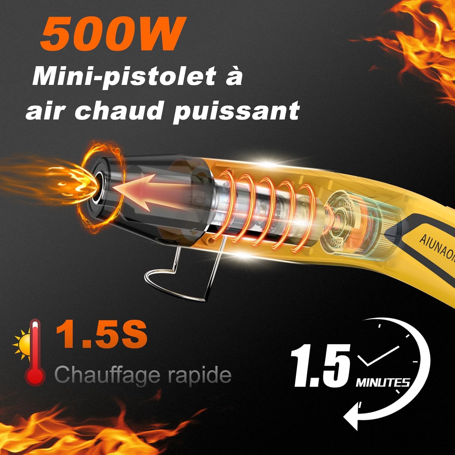 Mini Décapeur Thermique 500W Pistolet à Air chaud 2 Réglages Température 270℃/450℃ avec Buse Réfléchissante pour rétrécir emballages, bricolage, gaines thermorétractables, embossage