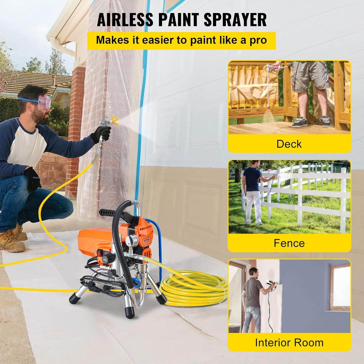 Pulvérisateur sans Air avec Tuyau Haute Pression, Pistolet de Peinture Murale 2200 W, 3000 PSI, 2 L/Min, Moteur sans Balais Inclus, pour Peinture Intérieure Extérieure Fournitures Clôtures