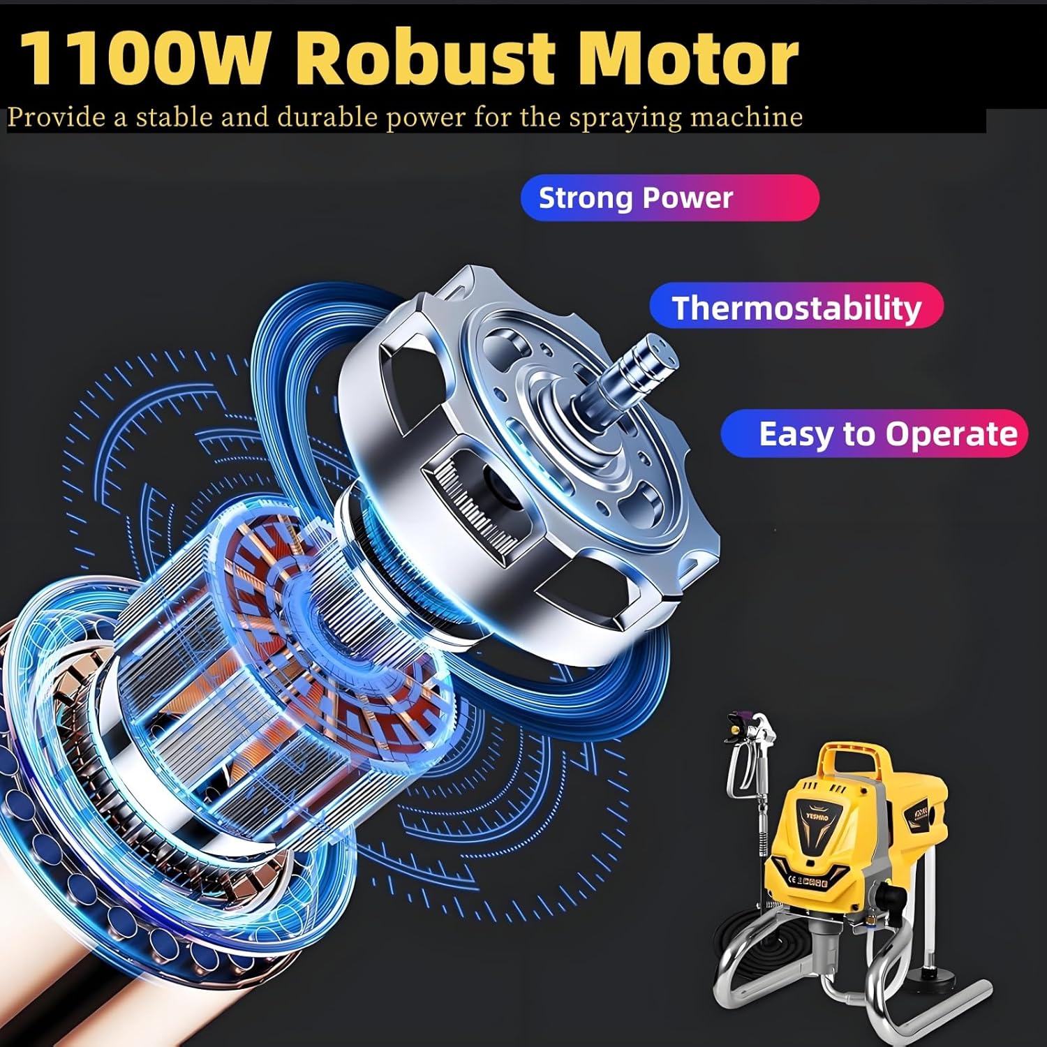 Pulvérisateur de Peinture sans air 220 Bar,Machine électrique à Haute efficacité 1100W, pour peintures à Dispersion/Latex,Vernis & lasures,sans Dilution,réglage de la Pression, Tuyau 7 m