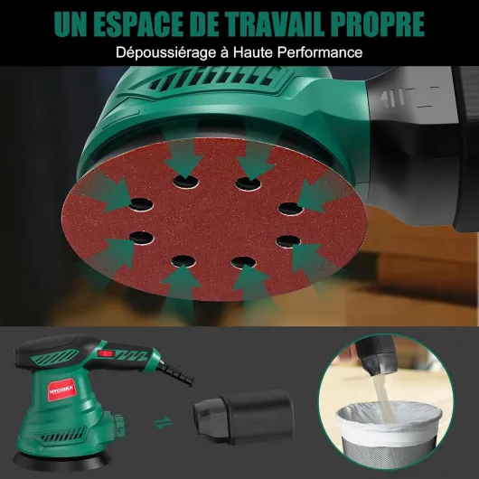HYCHIKA Ponceuse Excentrique, 6 Vitesses Variables 300W 13000RPM Ponceuse Orbitale, 12Pcs Disque Abrasif 125mm, Ponceuse Bois avec Collecte de Poussière pour le Polissage du Ponçage du Bois Unique