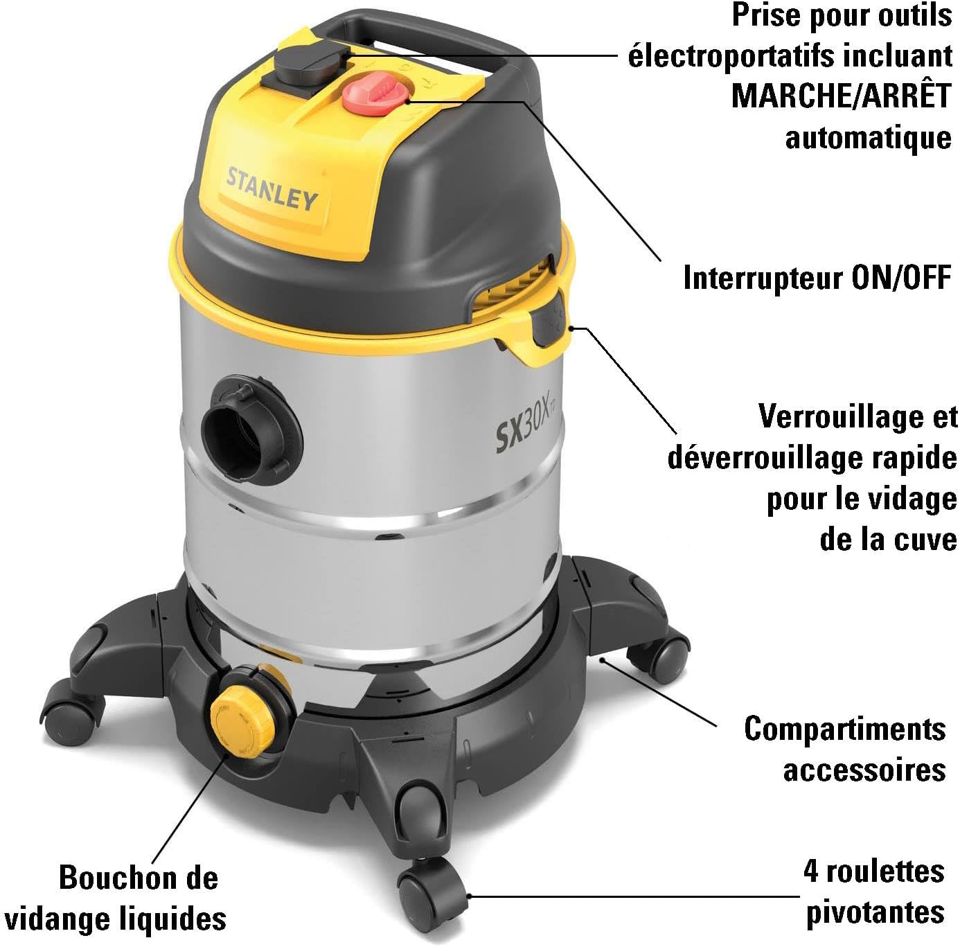 Aspirateur Solides et Liquides SXVC30XTDE avec Prise Outils Électroportatifs (1600 W, 30 l) Métal 30 l - Prise Outils Électroportatifs