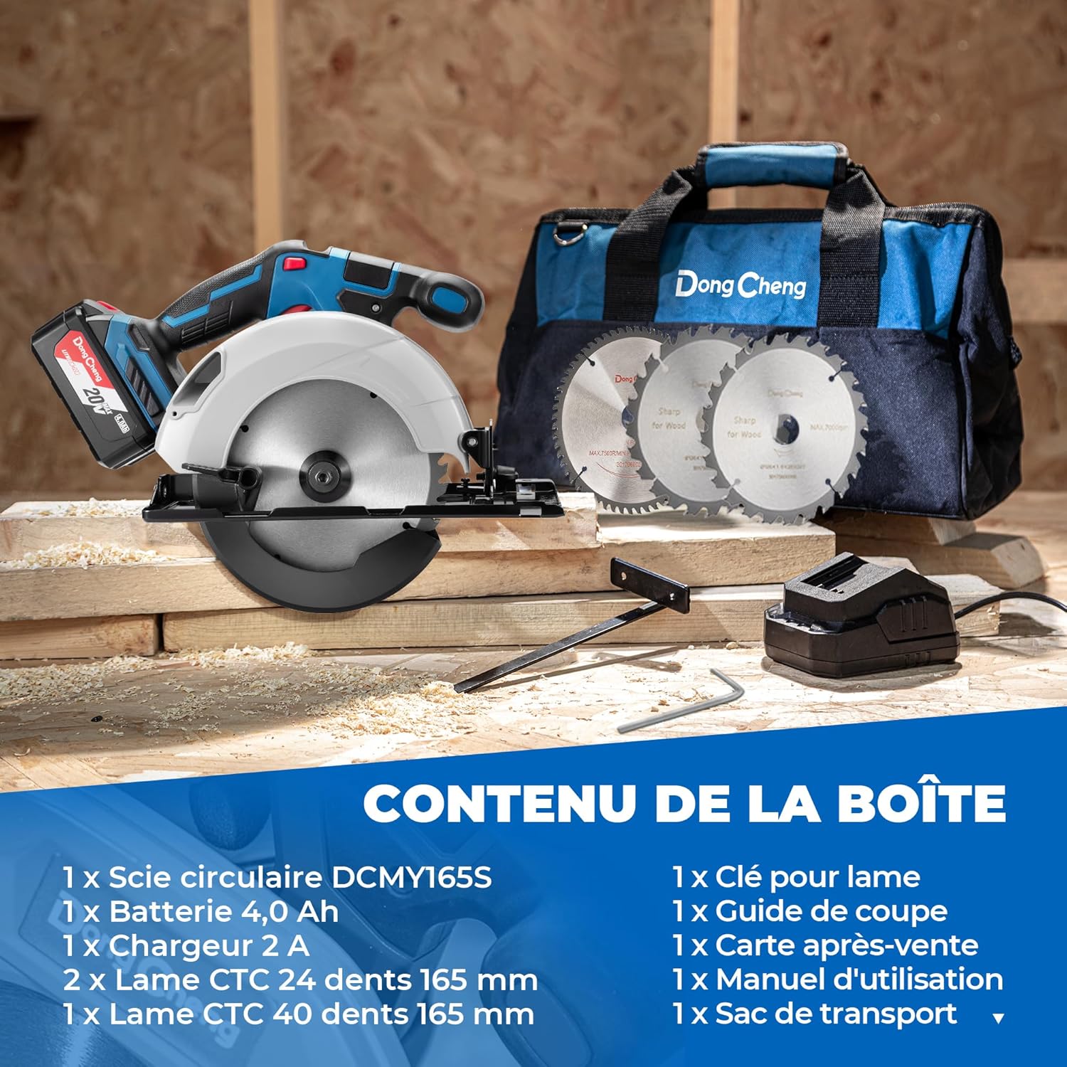 Scie Circulaire Sans Fil Ø165 mm, 5000 RPM, Profondeur Coupe 59mm(90°)/43mm(45°)/39mm(50°), Avec 3 lame de scie Ø 165 x Ø 20 mm et Rail Guide, pour Bois, Carrelage, Métal Mou 165 mm Kit