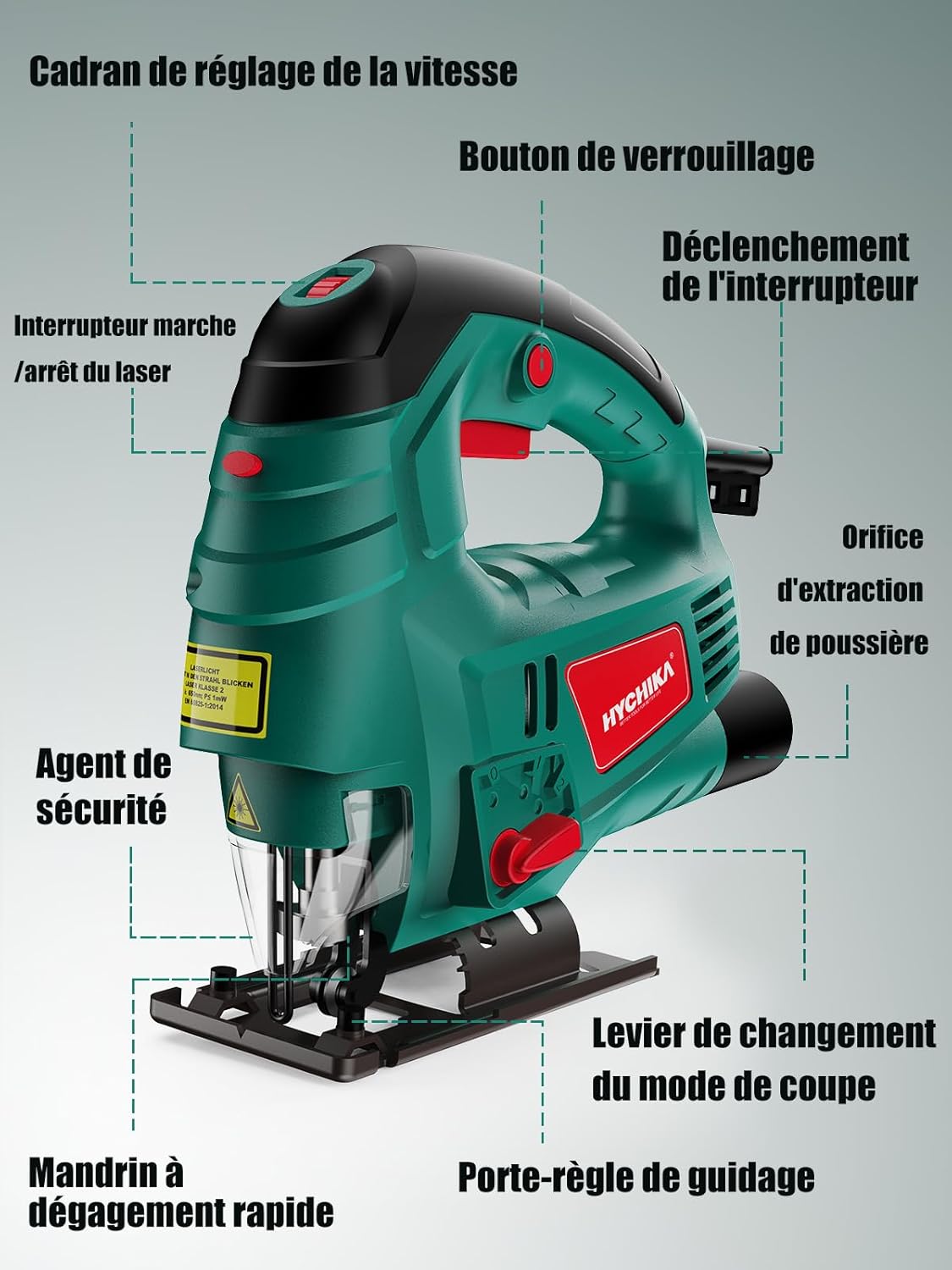 HYCHIKA Scie Sauteuse 800W, Avec Moteur en Cuivre Puissant, 800-3000SPM Tours par Minute Avec 7 Vitesses Variables, 0-3 Ensembles Orbitaux, 6 Lames de scie, Angle d'inclinaison ±45 °, Cordon 2 Mètres 800W Scie Sauteuse