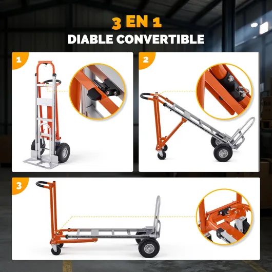 3 en 1 Diable Pliable Chariot Convertible Charge 250kg/450kg, Chariot de Déménagement de Manutention en Alliage d'Aluminium, Hauteur Réglable Multi-Position Pliant 3 en 1, 250kg/450kg