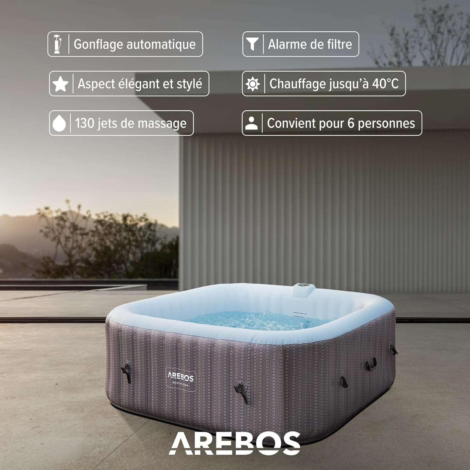 Spa Gonflable 2400W - Piscine d'extérieur - pour 6 Personnes 185x185cm - 130 Buses de Massage - 910 L avec Chauffage - Gonflage par Bouton-Poussoir - Couverture Incluse