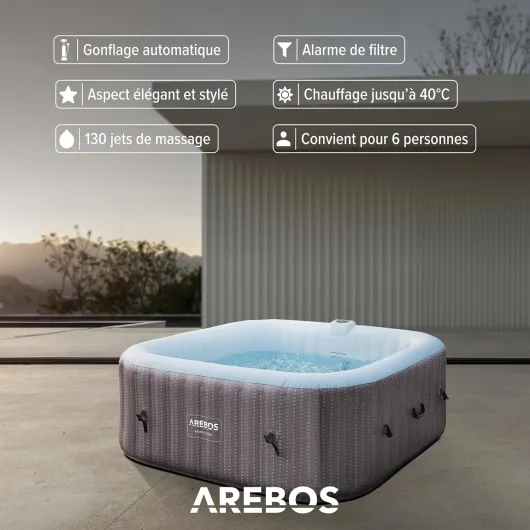 Spa Gonflable 2400W - Piscine d'extérieur - pour 6 Personnes 185x185cm - 130 Buses de Massage - 910 L avec Chauffage - Gonflage par Bouton-Poussoir - Couverture Incluse