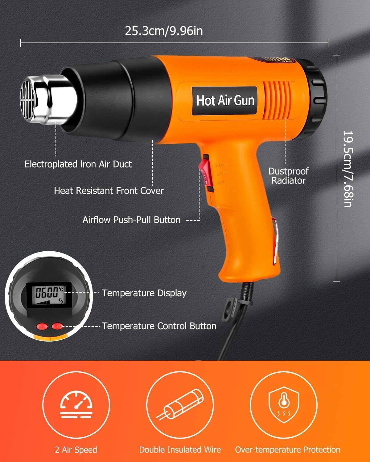 Décapeur Thermique 2000W, 60-600℃ Température Réglable Pistolet à Air Chaud, 2 Débit d'air, Protection de Surcharge, Décapeur Thermique avec 6 Accessoires pour Aécaper la peinture, Souder