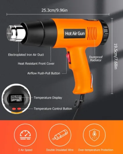 Décapeur Thermique 2000W, 60-600℃ Température Réglable Pistolet à Air Chaud, 2 Débit d'air, Protection de Surcharge, Décapeur Thermique avec 6 Accessoires pour Aécaper la peinture, Souder