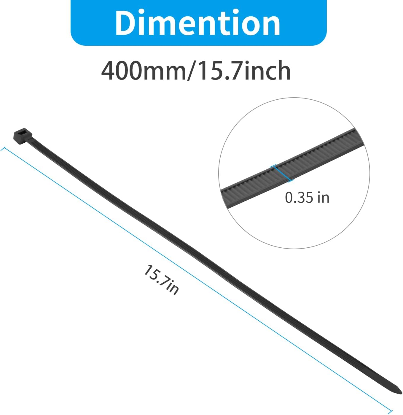 100 Pièces Noir Large Attaches de câble, Extra Longue 400mm x 9mm Cde câble Nylon Resistant UV, 80 KGS Heavy Duty Serre-câbles Zip Ties 400mm x 9mm Noir