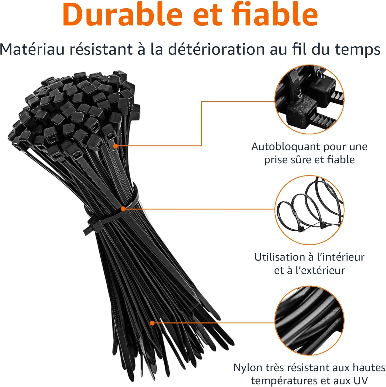 Serre-câbles réglables, colliers de serrage pour gestion des câbles, 100/120/150/200/300 mm, 500 unité, lot de 1, noir