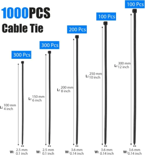 1000 Pièces Serflex, Collier de Serrage Plastique, Serflex Plastique Professionnelles, Rislan 100/150/200/250/300mm de Long Résistant aux UV, Pour Gérer les Différents Câbles, Noir 100/150/200/250/300mm(1000 Pièces) Noir