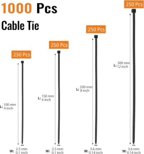 1000 pièces Collier de Serrage, 100/150/200/300mm Serflex Noir Resistant à La Traction De 18kg, Professionnelles Attache Câble Durable Résistant au UV Pour cable management, Jardinage, Atelier 100/150/200/300mm(1000 pièces)