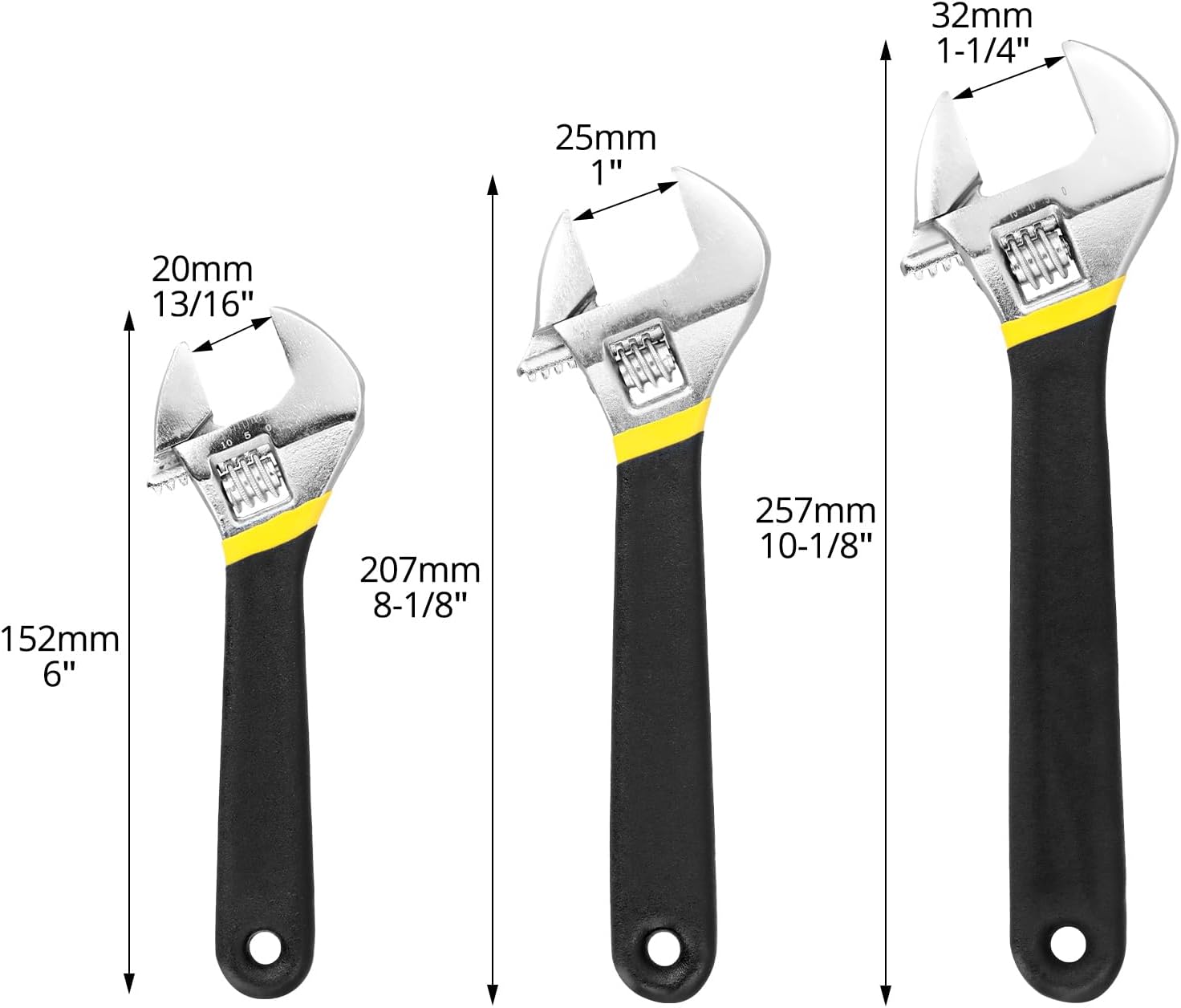 QWORK® Cléà Molette 3 Pièces - Tailles 150 mm, 200 mm, 250 mm - Grande Ouverture (20/25/30 mm) - Acier Allié, Échelle laser, Ergonomie Antidérapante