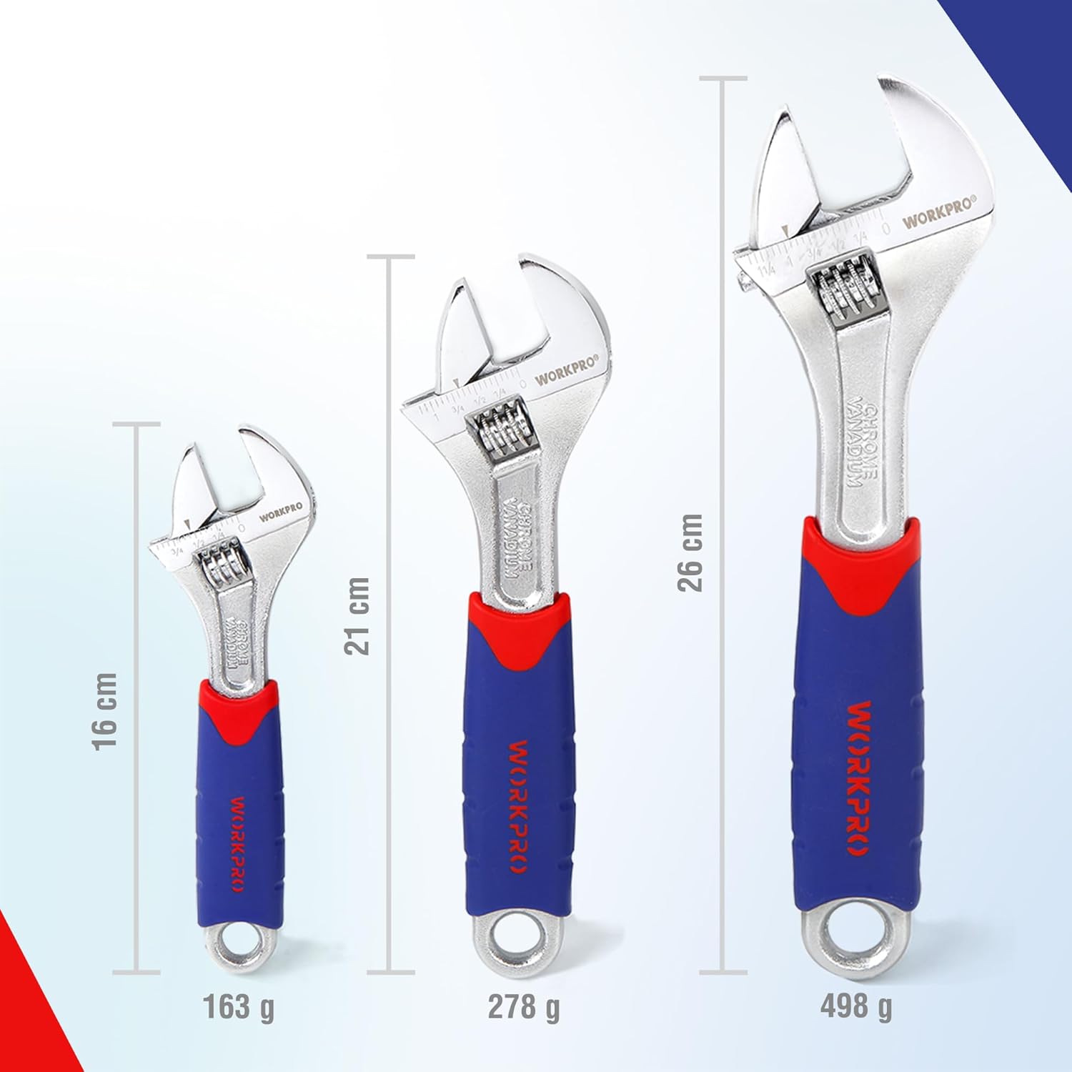 WOKRPRO Jeu de Clés à Molette en Cr-V 150, 200, 250 mm avec Grande Ouverture 19, 24, 28mm 3 Pièces
