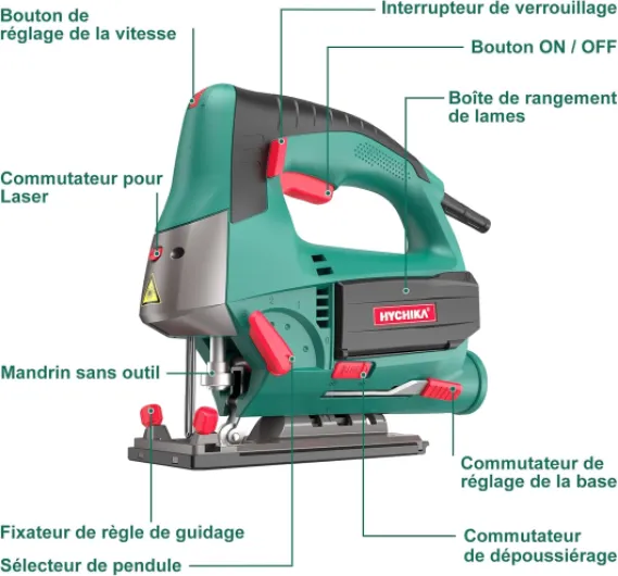 HYCHIKA Scie Sauteuse 800W, 800-3000SPM, 6 Vitesses Réglables, 4 Modes de Coupe, Angle d'inclinaison ±45 °, 6 Lames de Scie, Changement de Lames Rapide Unique