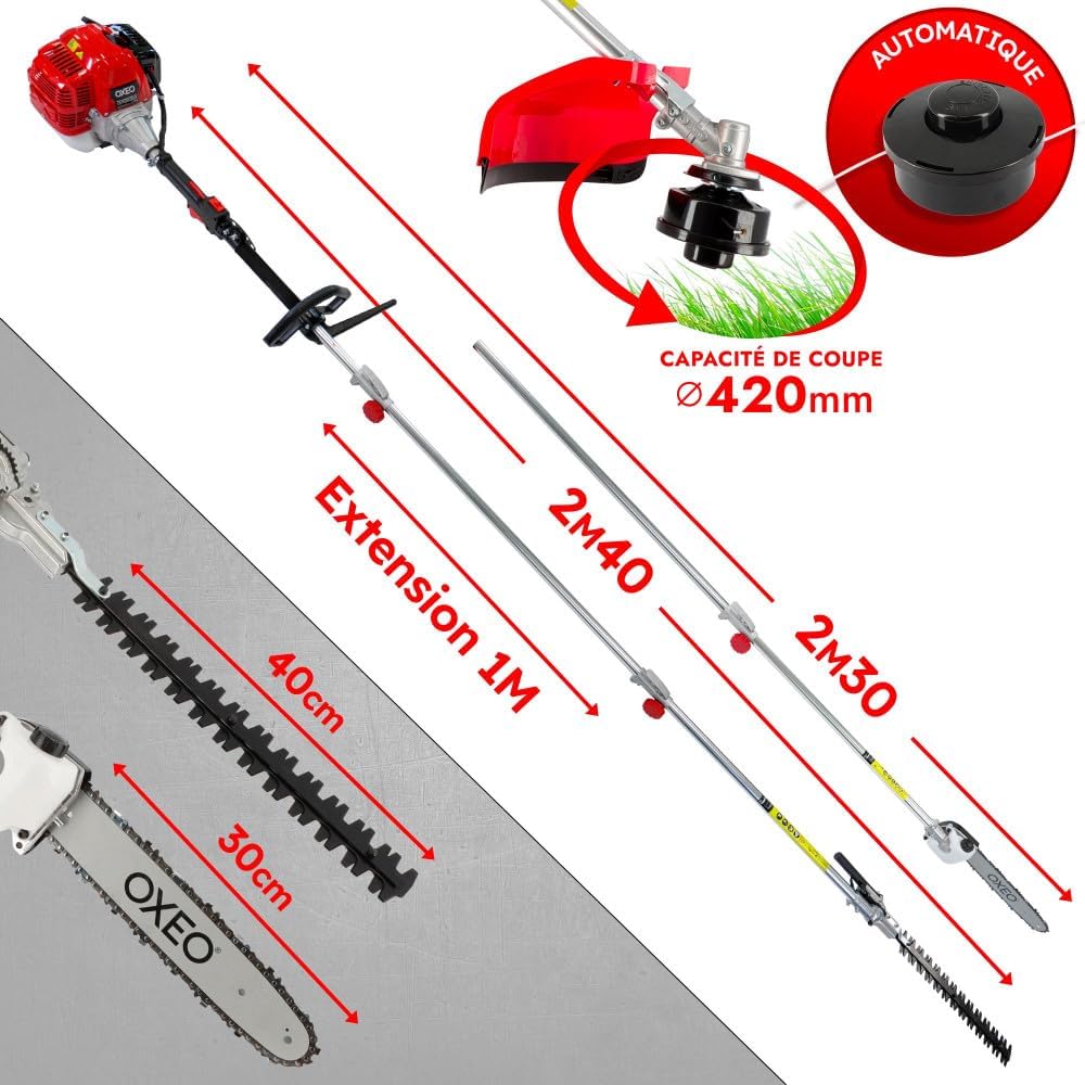 Outil Multifonction thermique 4en1 - Débroussailleuse - Coupe-bordure - Élagueuse - Taille-haie - 51,7 cm³ - 2t - 3cv - 2 Lames