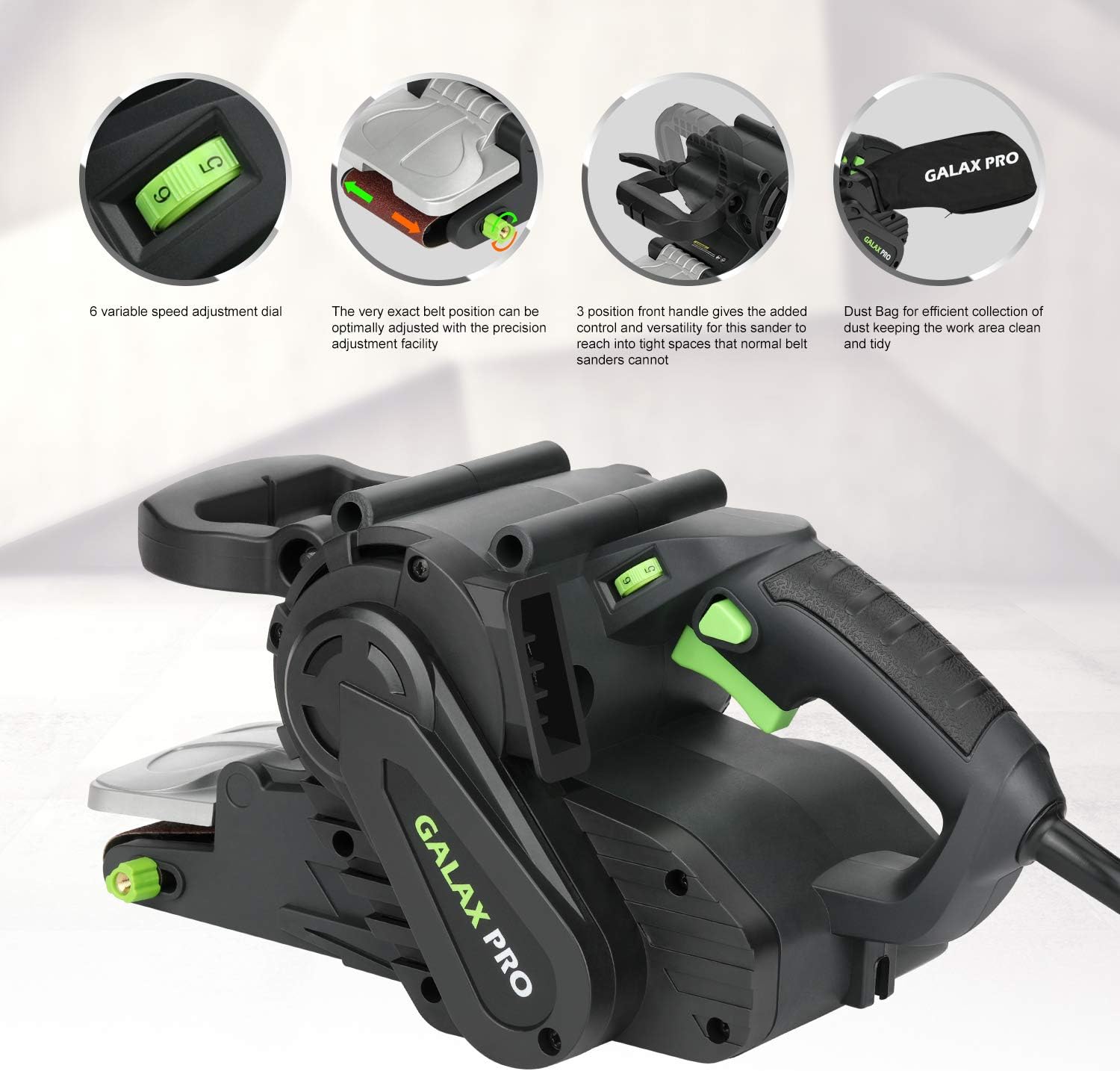 Ponceuses à Bande 1010W, Ponceuse à Cordon avec Réglages de Vitesse Variables 120-380 RPM, 5Pcs Bandes de Ponçage (76 x 533 mm) et Sac à Poussière