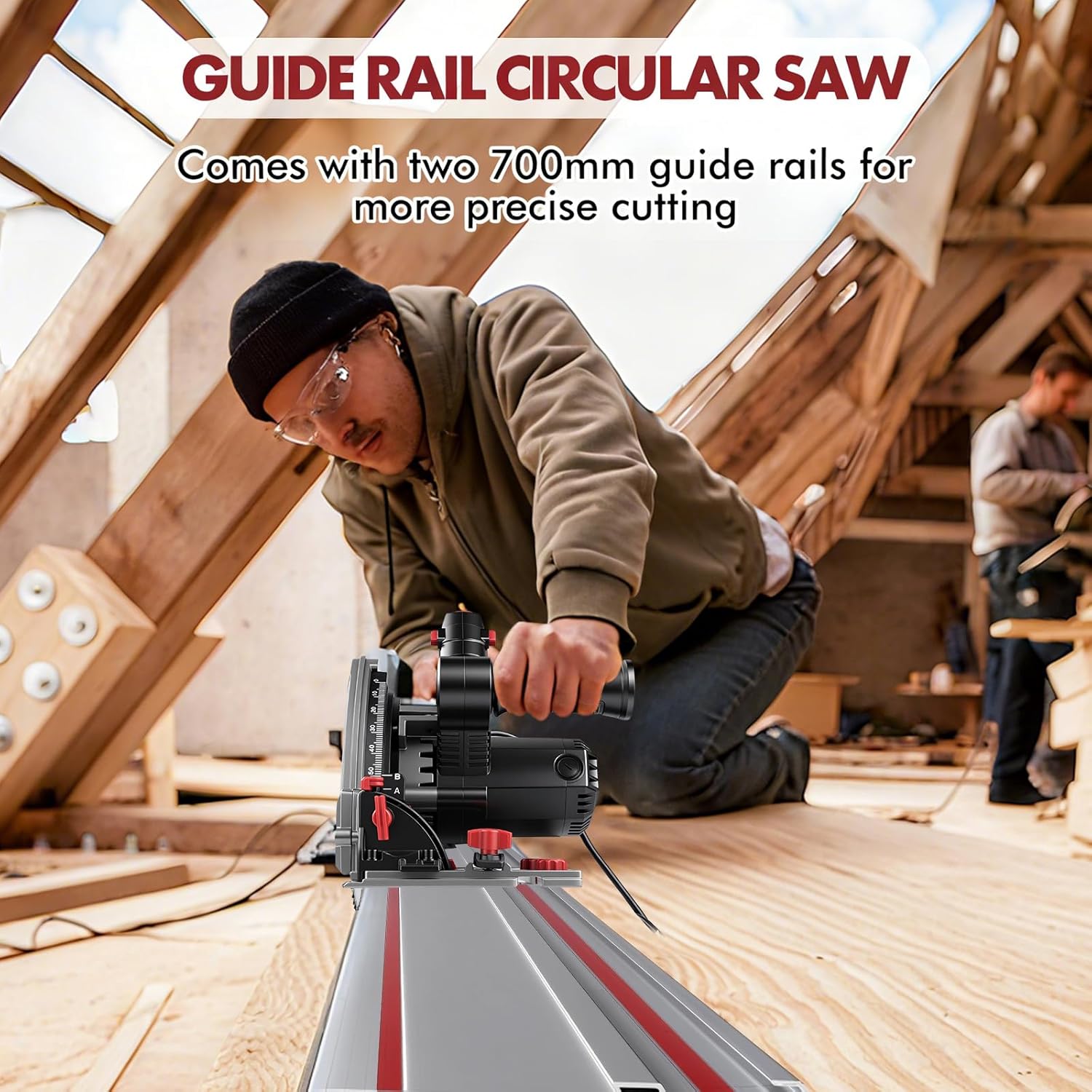 Scie plongeante avec 2 rails de guidage de 700 mm, scie circulaire 1200 W, profondeur de coupe 57 mm, coupes en biseau de 0 à 45°, Lame Ø160mm 40 dents, pour bois dur, contreplaqué, stratifié