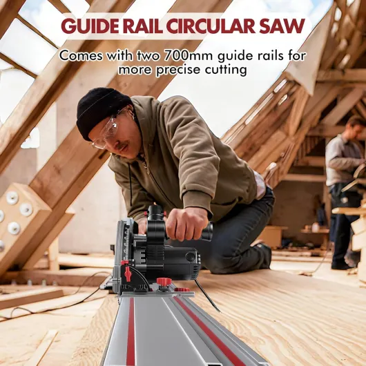 Scie plongeante avec 2 rails de guidage de 700 mm, scie circulaire 1200 W, profondeur de coupe 57 mm, coupes en biseau de 0 à 45°, Lame Ø160mm 40 dents, pour bois dur, contreplaqué, stratifié