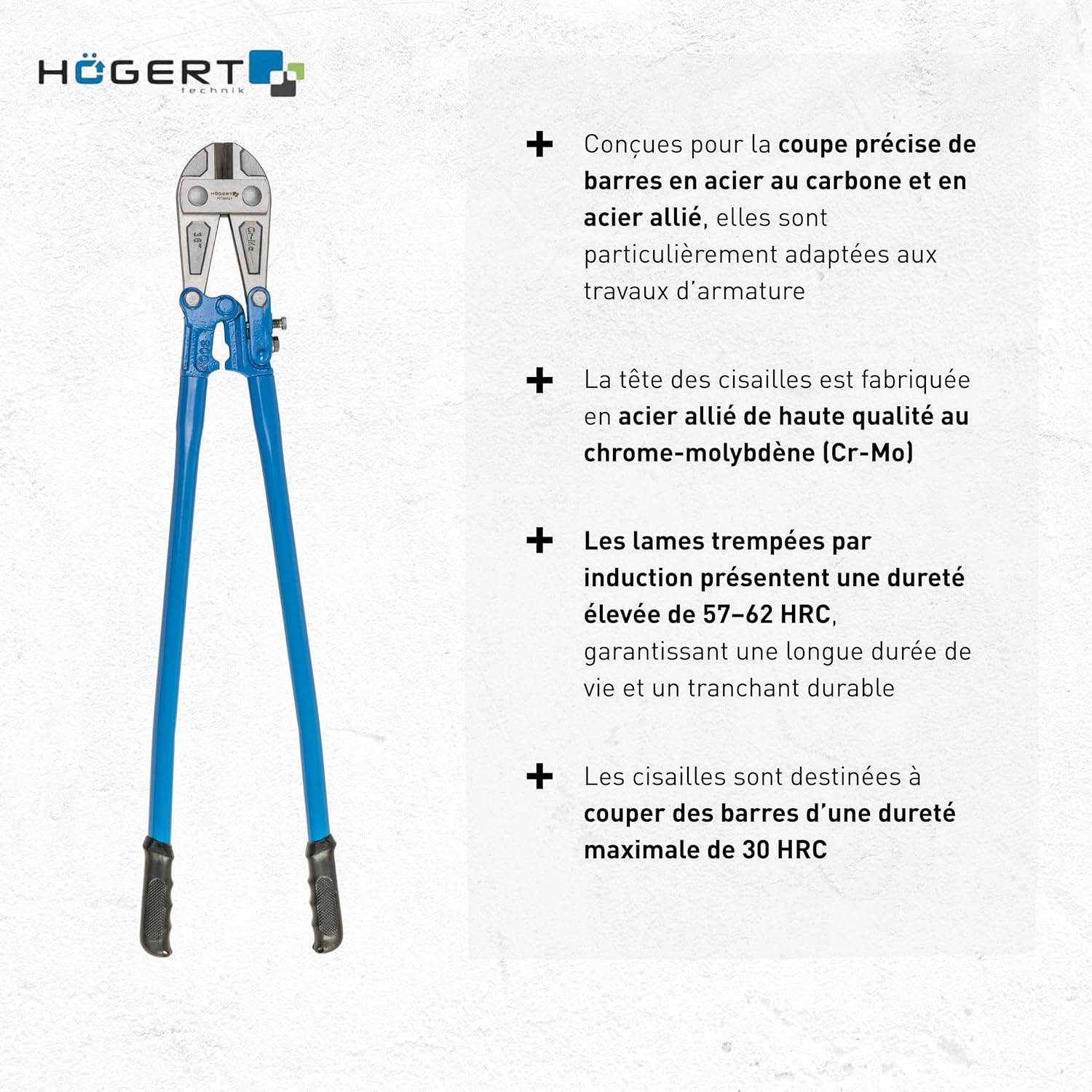 HÖGERT TECHNIK Cisaille à tiges 900 mm, pince coupe-boulons, lames en chrome-molybdène, 57-62 HRC, poignées antidérapantes, pour construction et industrie