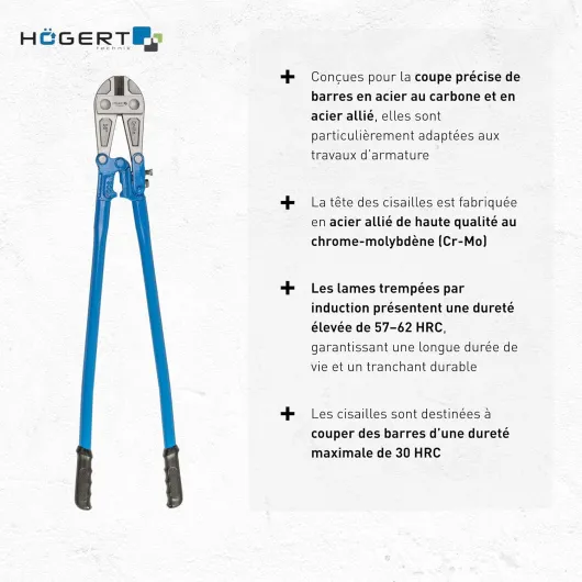 HÖGERT TECHNIK Cisaille à tiges 900 mm, pince coupe-boulons, lames en chrome-molybdène, 57-62 HRC, poignées antidérapantes, pour construction et industrie