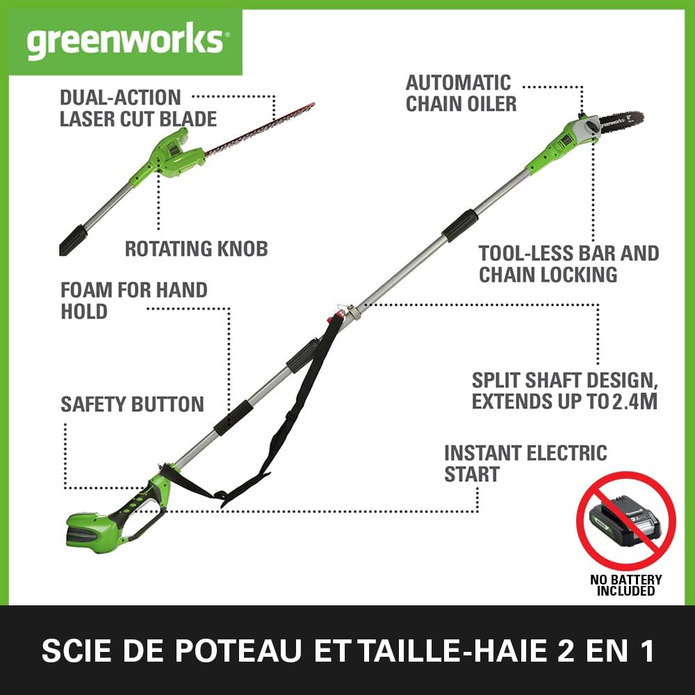 G40PSH Élagueuse et Taille Haie à Batterie 51 cm sur Perche 2-en-1 avec Bandoulière, Guide Tronçonneuse 20 cm, lames Double action, SANS Batterie ni Chargeur 40V, Garantie 3 Ans