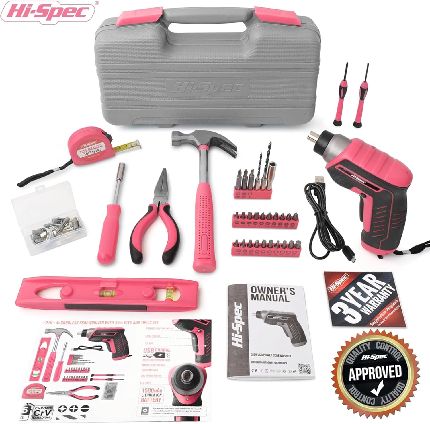 Hi-Spec Tournevis Électrique 3.6V Rose - Perceuse Visseuse Devisseuse Sans Fil avec Ensemble d'Outils - Boite a Outils Complete - Marteau, Pince, Forets, Jeu de Tournevis et Embouts pour Bricolage Rose 2