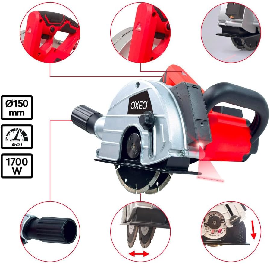 Rainureuse Laser 1700w - 2 disques diamantées Ø150mm - Largeur saignée : 14-19-29 mm - Profondeur : min 10mm a 40mm