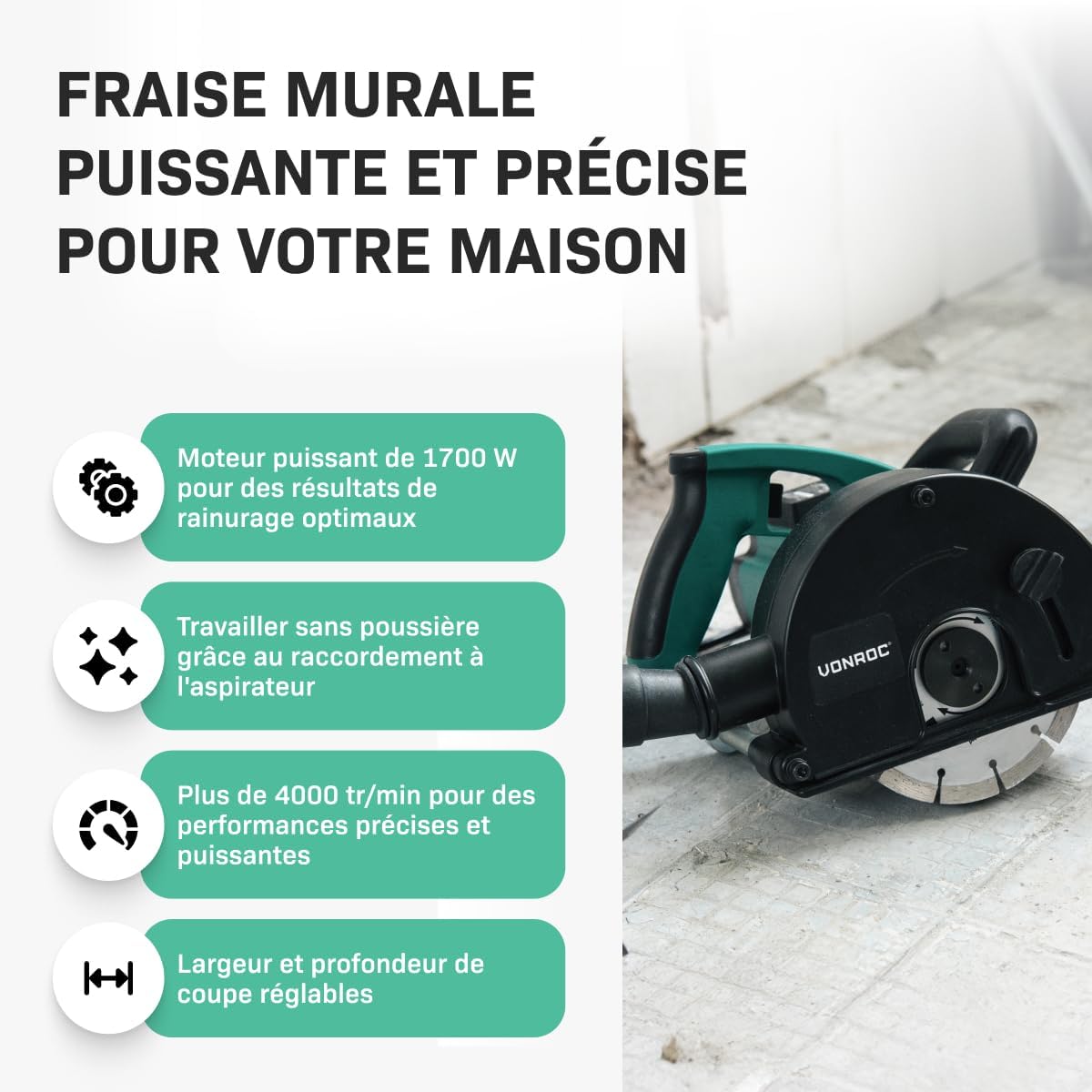 Rainureuse 1700W - 150 MM, 2 Disques Diamant, Saignées 40 MM - Rainureuse Beton Professionnelle Poignée Douce, Câble d'Alimentation 3 Mètres - Camoufler Câbles Électriques, Conduits d'Eau 2 disques diamantés inclus